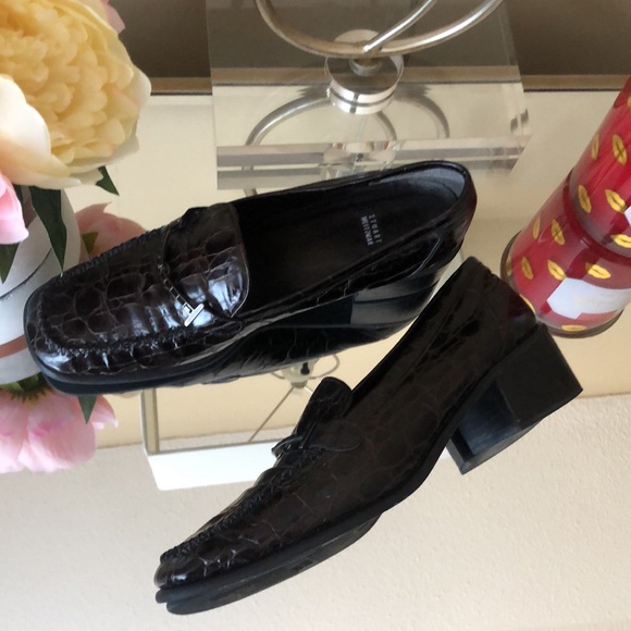 Stuart Weitzman Brown Croc Leather Loafers